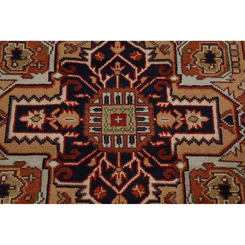 Geometric Medallion Heriz Serapi Area Rug Hand-Knotted Wool Carpet - 8'11"x 11'9"
