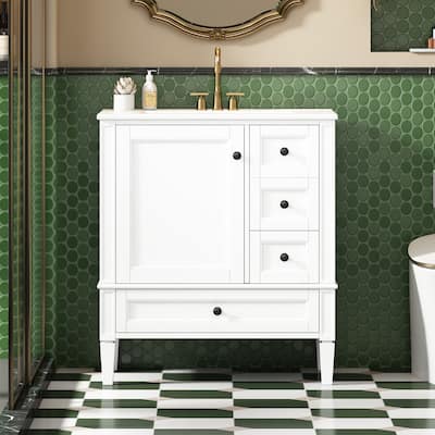 Bathroom Vanity with Ceramic Sink, Modern Bathroom Storage Cabinet with Side Door Organizer and 3 Different Sizes Drawers