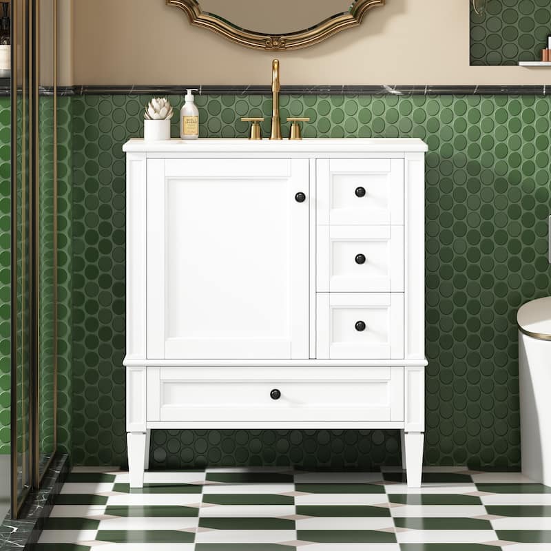 Roomfitters 30" Vanity with Ceramic Sink, Solid Wood Frame Bathroom Cabinet with 3 Drawers, Modern Storage Design