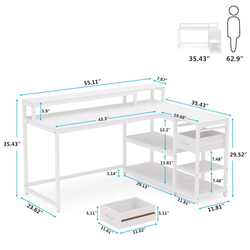 L Shaped Desk with Drawer, Home Office Corner Desk with Storage Shelves and Monitor Stand, Rustic PC Desk for Small Space