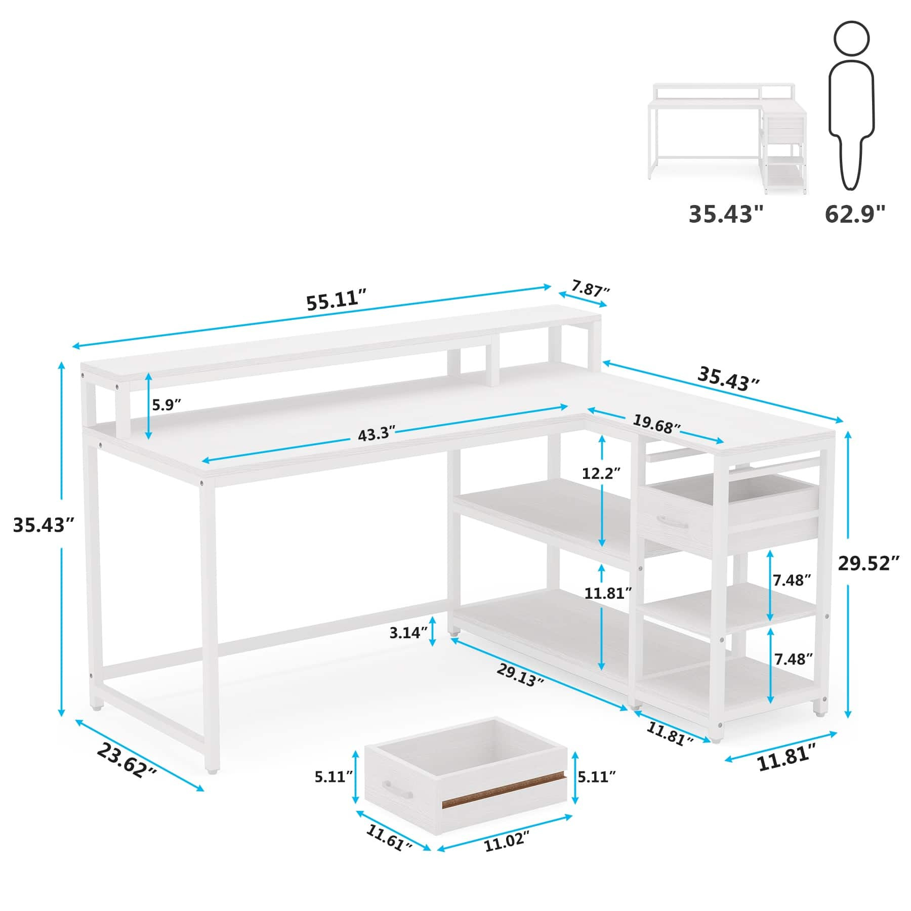 L Shaped Desk with Drawer, Home Office Corner Desk with Storage Shelves ...