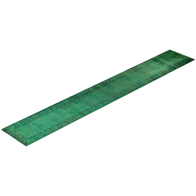 Overton Hand Knotted Wool Vintage Inspired Modern Contemporary Overdyed Green Area Rug - 2' 7" x 18' 1"