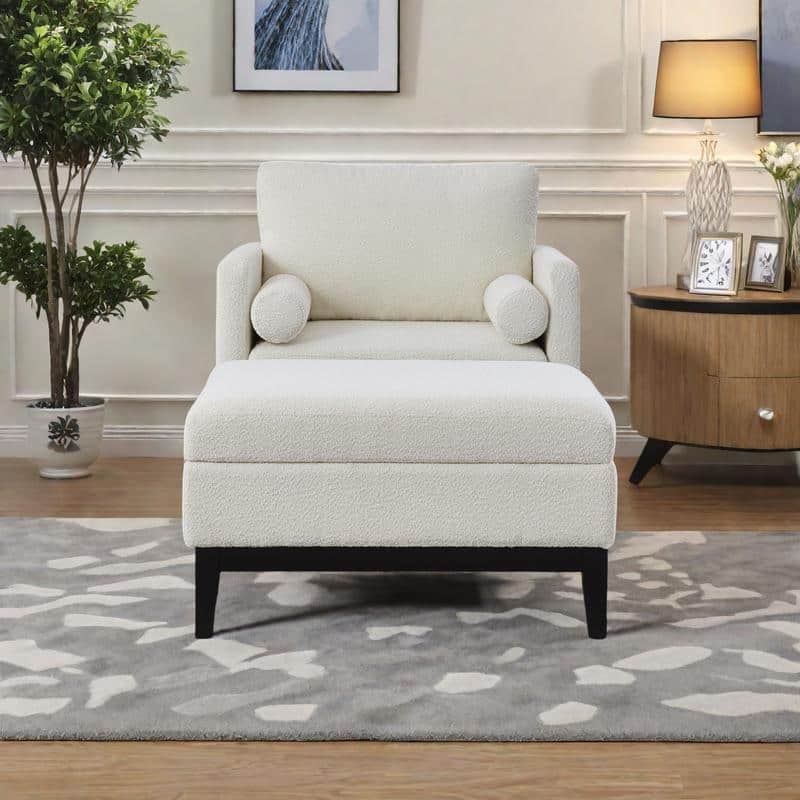 Boucle Farmhouse Armchair Set with Storage Ottoman and Black Wood Legs - Ivory