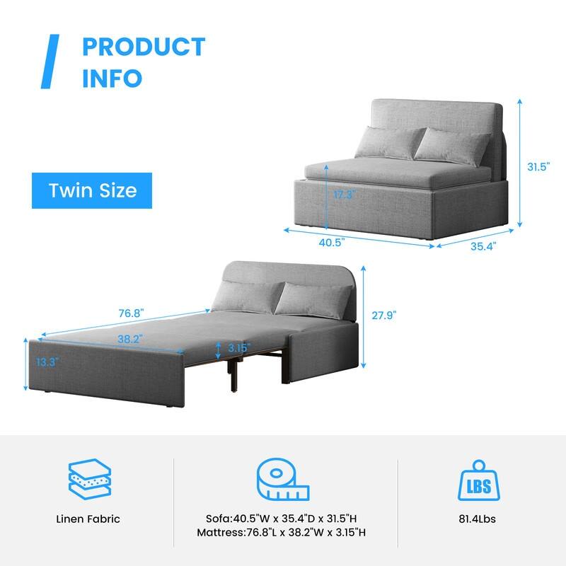 Mixoy Linen 2-in-1 Convertible Sofa Bed,Twin/Queen Pull Out Sleeper Sofa with Mattress,Cushions