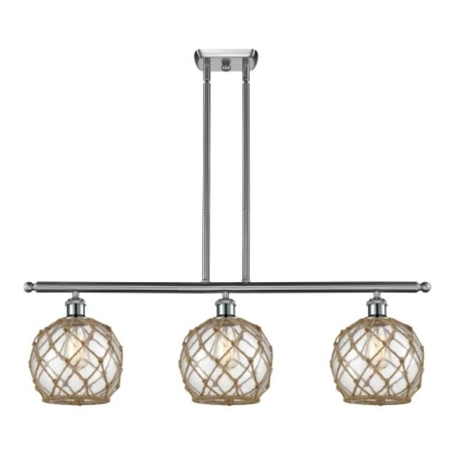 Innovations Lighting Farmhouse Rope 3 Light 36" Wide Linear Chandelier - Brushed Satin Nickel / Clear Glass with Brown Rope