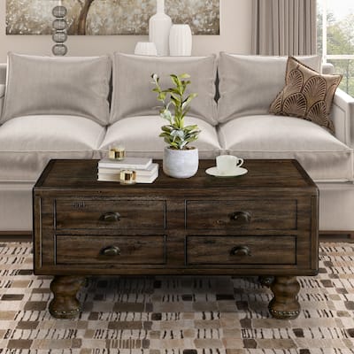 Antique Color Solid Wood Rectangle Coffee Table - Center Table with 4 Drawers