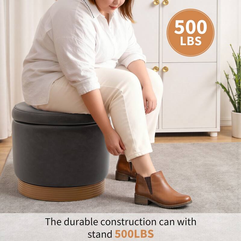 Round Swivel Storage Ottoman Footstool with Flip-top and Acacia Frame