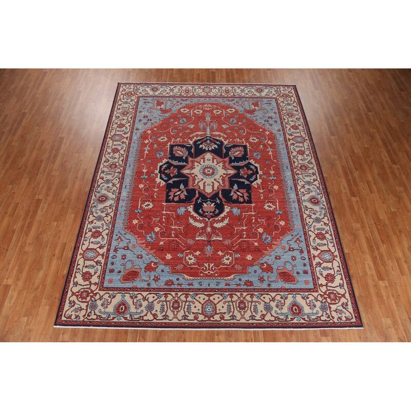 Red/ Ivory/ Blue Heriz Serapi Turkish Area Rug Handmade Wool Carpet - 9'0" x 12'0"