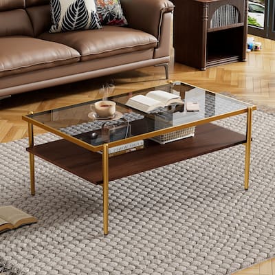 Rectangle Coffee Table with Gray Tempered Glass top and Legs, Modern Table for Living Room