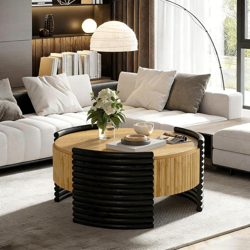31.5" Modern Round Coffee Table Colorblocked Striped Wood Accent Table with Flip-Top, Center Table with Hidden Storage