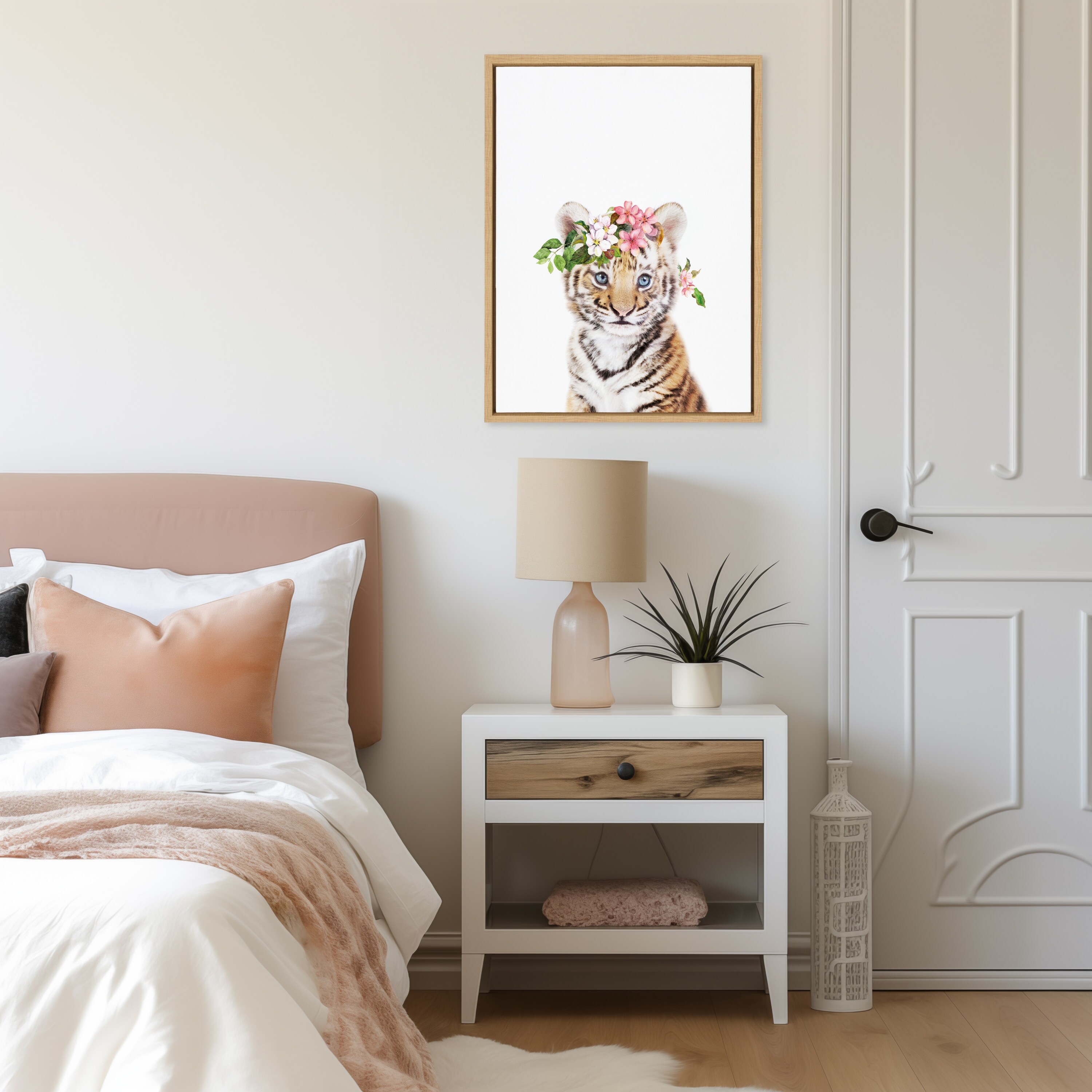 Kate and Laurel Sylvie Flower Crown Tiger Cub Framed Canvas by Amy Peterson