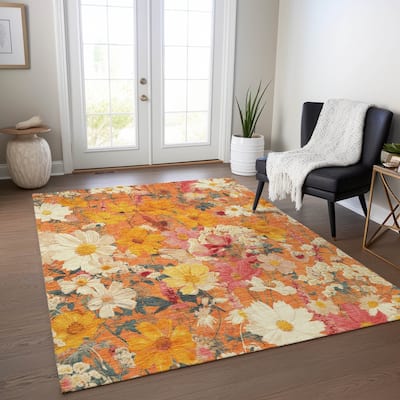 Machine Washable Indoor/ Outdoor Floral Garden Chantille Rug