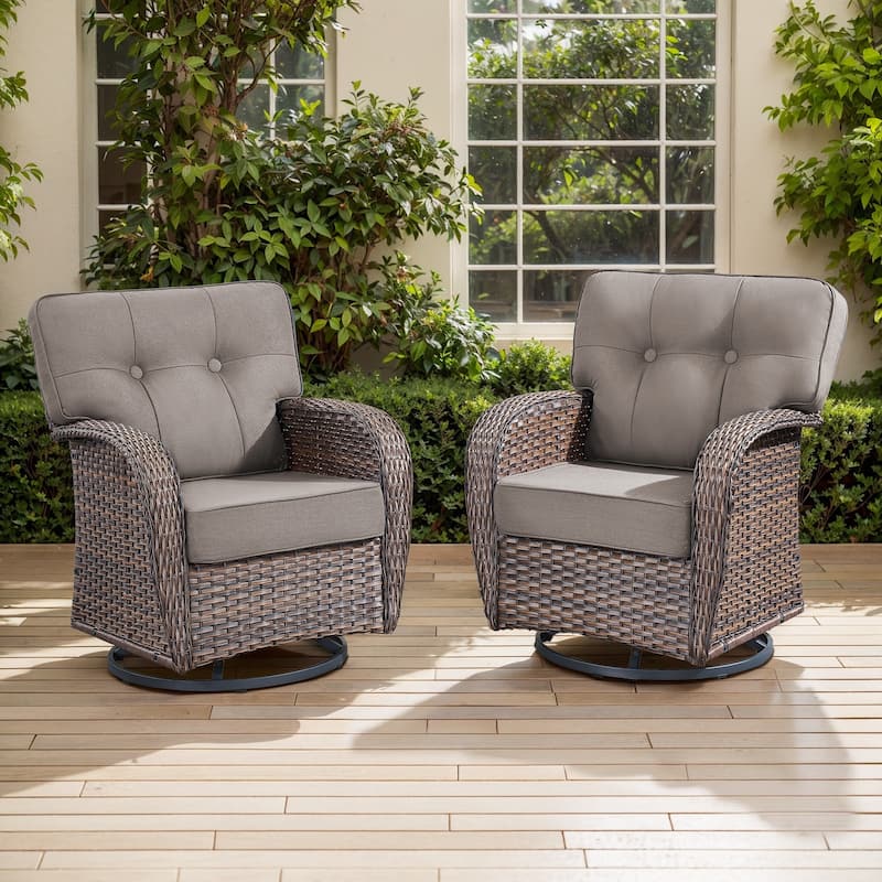 TWrap Brown Wicker Patio Swivel Glider Chairs with 5-Inch Thick Cushions (2-Pack) - Brown/Gray - 2-Piece
