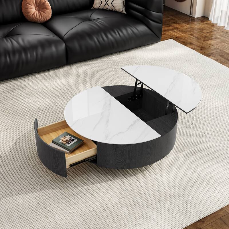 35.43" Round Coffee Table with Lift Top & Drawer, Faux Marble Surface, Solid Wood for Modern Living Spaces
