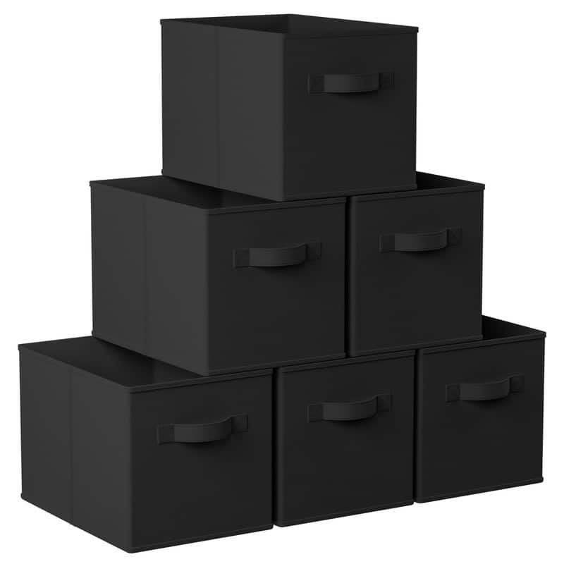6 Pack Foldable Collapsible Storage Box Bins Shelf Basket Cube Organizer with Dual Handles -13 x 13 x 13 - 13" x 15" x 13" - Black