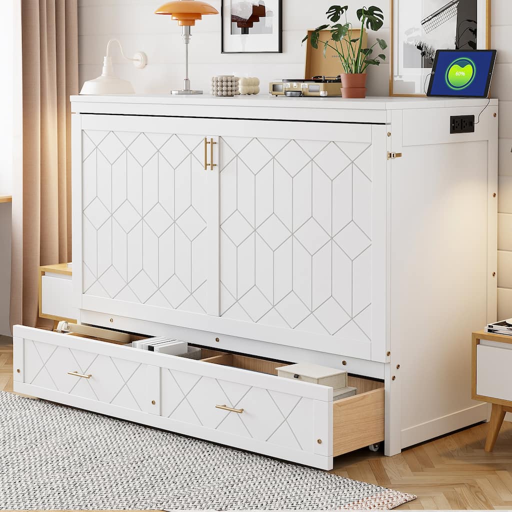 Queen Murphy Bed with Drawer & USB Ports, Space-Saving Wall Bed