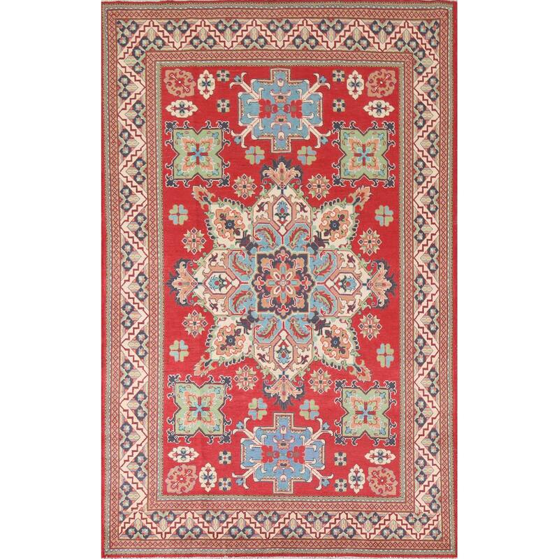 Hand Knotted Oriental 100% Wool Carpet Traditional Geometric Red Kazak Area Rug - 9' 10'' X 6' 5''