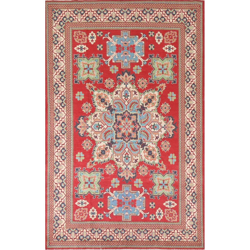 Hand Knotted Oriental 100% Wool Carpet Traditional Geometric Red Kazak Area Rug - 9' 10'' X 6' 5''