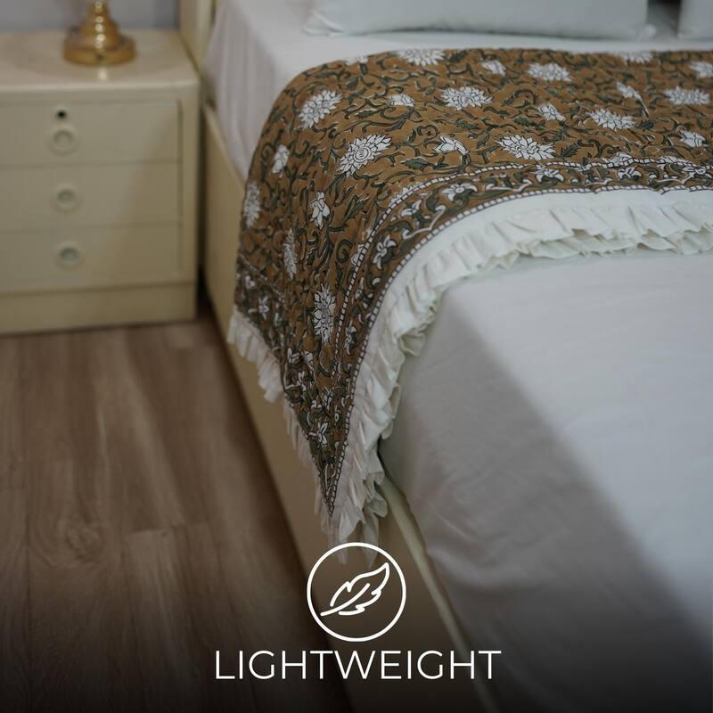 Fabdivine Luxury Hand Block Print Cotton Quilt Floral Boho Bedding for Bedroom & Sofa, Mustard, Handmade Reversible Bedspread