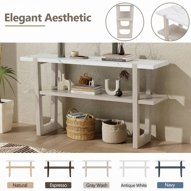 Narrow Console Table with Marble-Effect Top(Gray Wash)