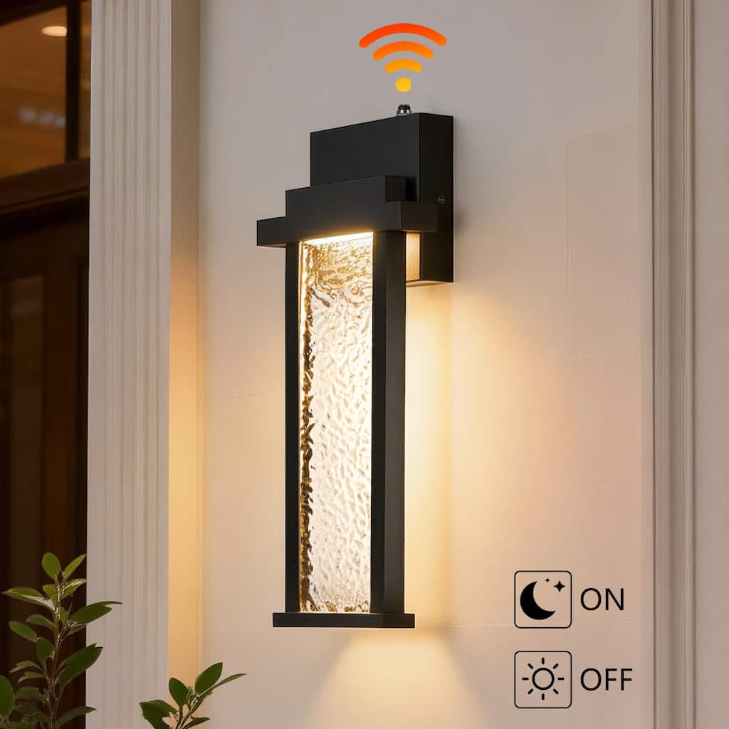 15 in. Sand Black Dusk to Dawn LED Outdoor Hardwired Wall Sconce with Water Wave Glass - Dimmable, 2700K, Wet Rated