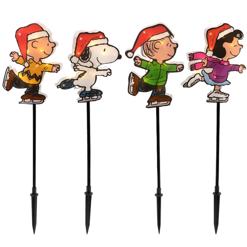 4 Snoopy Peanuts Ice Skating Christmas Pathway Markers Clear Lights - Red