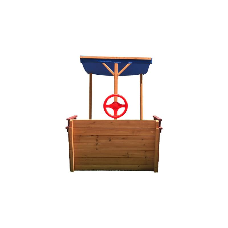 Outsunny Pirate Ship Sandbox with Cover and Rudder, Wooden Sandbox with Storage Bench and Seat, Outdoor Toy for 3-8 Years Old