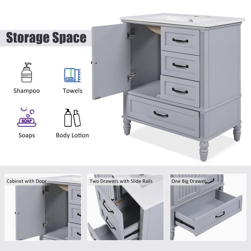 Modern Bathroom Vanity with Semilune Ceramic Sink, Storage Cabinet, and Adjustable Foot Pads - 30in L
