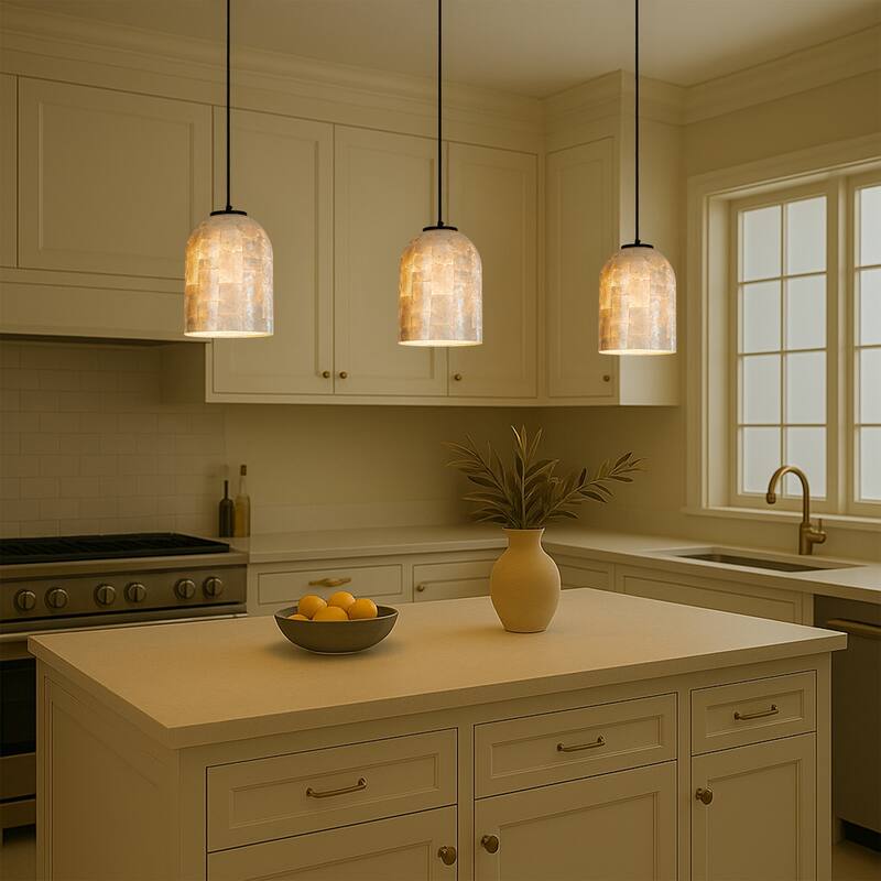 1-Light 7'' Modern Farmhouse Natural Capiz Seashell Single Pendant Light Coastal Cylinder Hanging Light For Kitchen - W7''