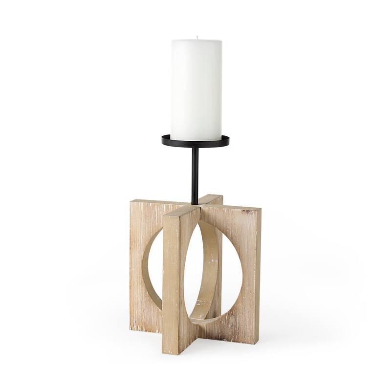 Cambie 5.7L x 5.7W x 10.0H Light Brown Wood W/Black Metal Small Candle Holder - 7.9L x 7.9W x 11.8H - Natural