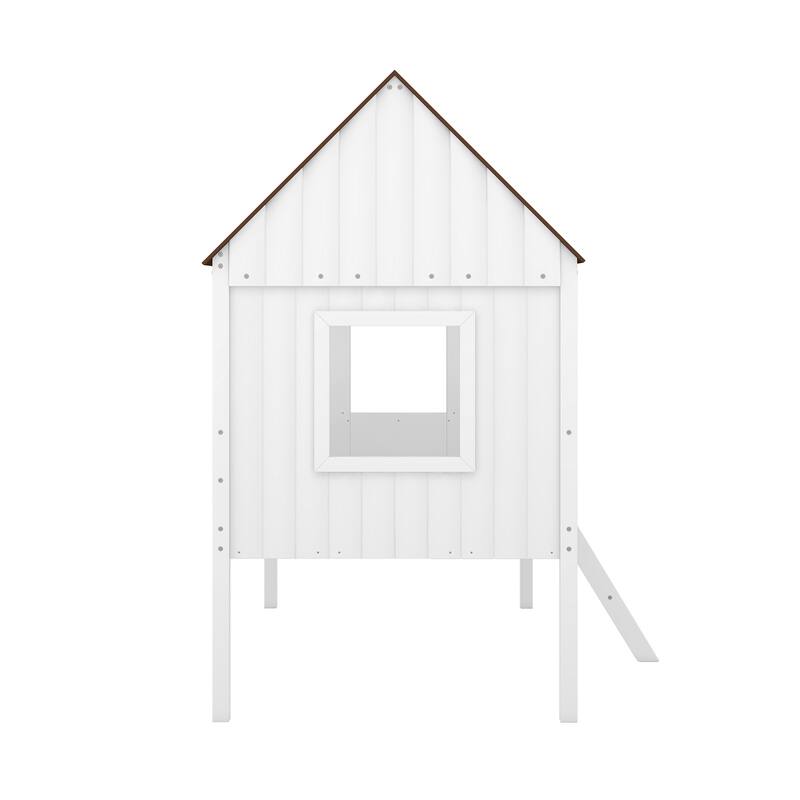 Twin Size Low Loft Bed House Bed with Roof, Side Windows, Ladder and Safety Guardrail, Playhouse Bed with Wood Frame for Kids