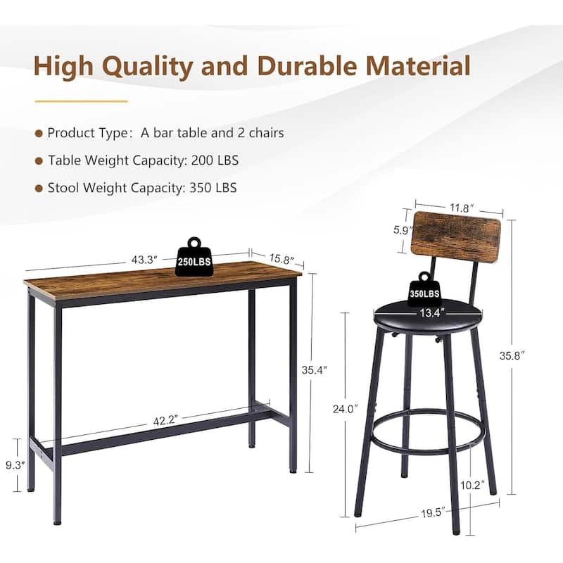3 Pieces Bar Table and 2 Chairs Set, Industrial Style Bar Stools PU Upholstery Seat with Backrest