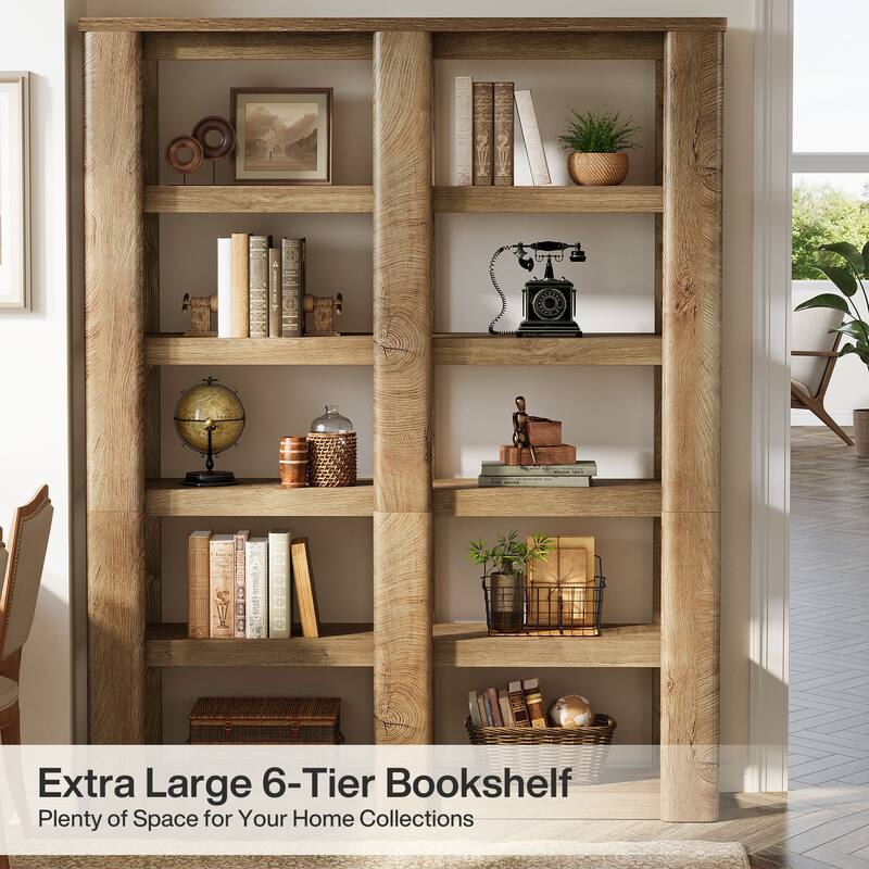 6-Tier Tall Bookshelf, 55-Inch Wide Farmhouse Bookcase Shelving Unit