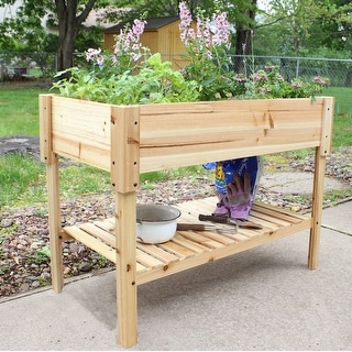 Sunnydaze Raised Wood Garden Bed Planter Box with Shelf - 42-Inch ...