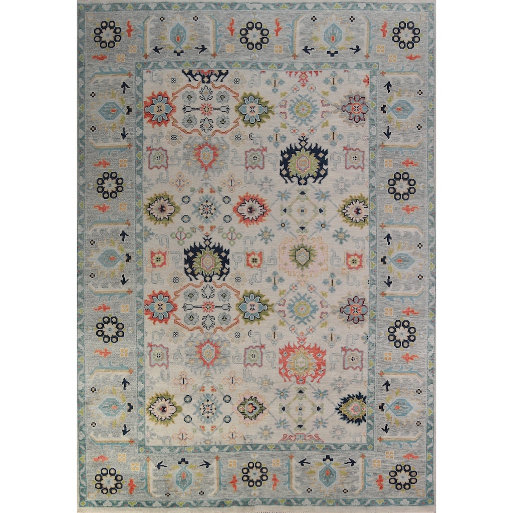 All-Over Geometric Oushak Indian Area Rug Hand-Knotted Wool Carpet - 9'0" x 11'11"