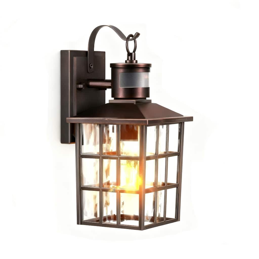 12 in. Matte Black 1-Light Motion Sensing Outdoor Wall Sconce with Dusk to Dawn and Water Wave Glass Shade