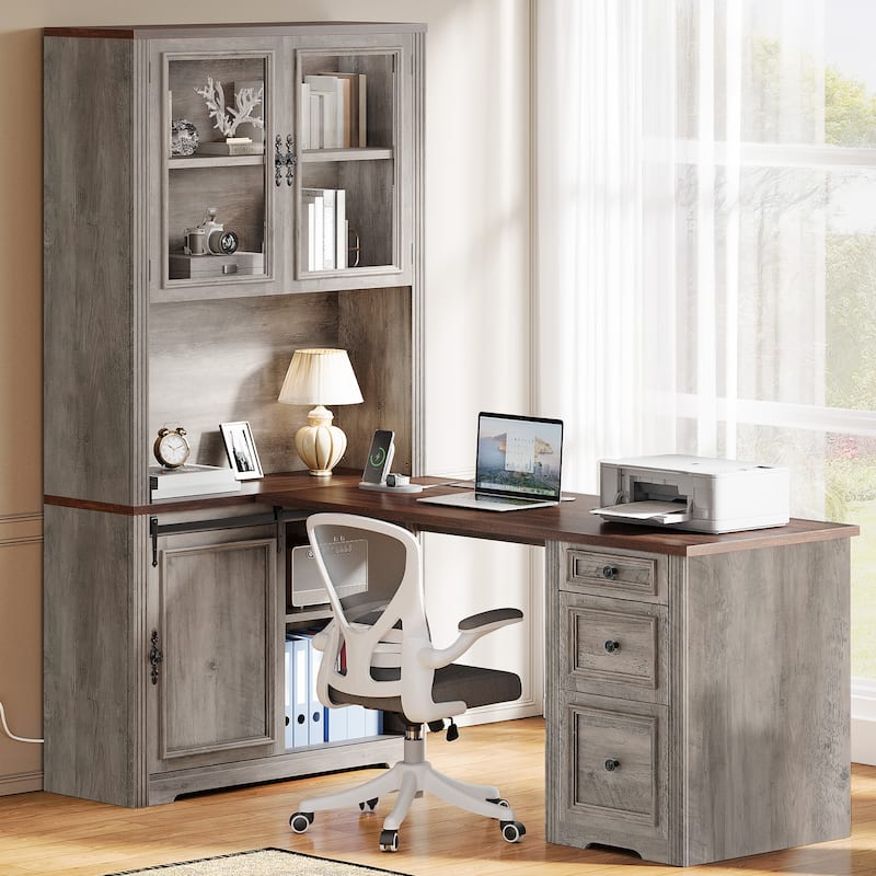 Moasis Farmhouse Office Desk Corner Computer Desk with Hutch and Drawers - Oak