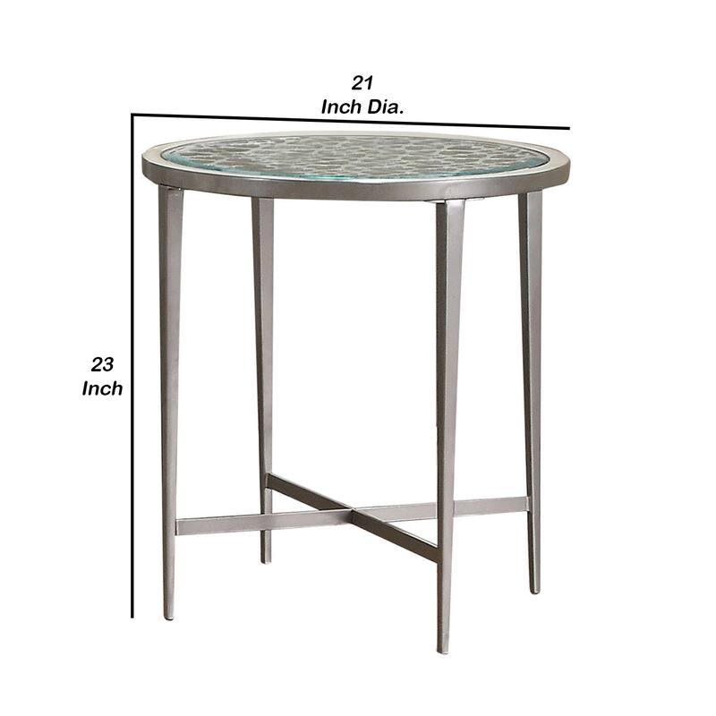 Round Glass Top Metal End Table with Sleek Tapered Legs, Silver