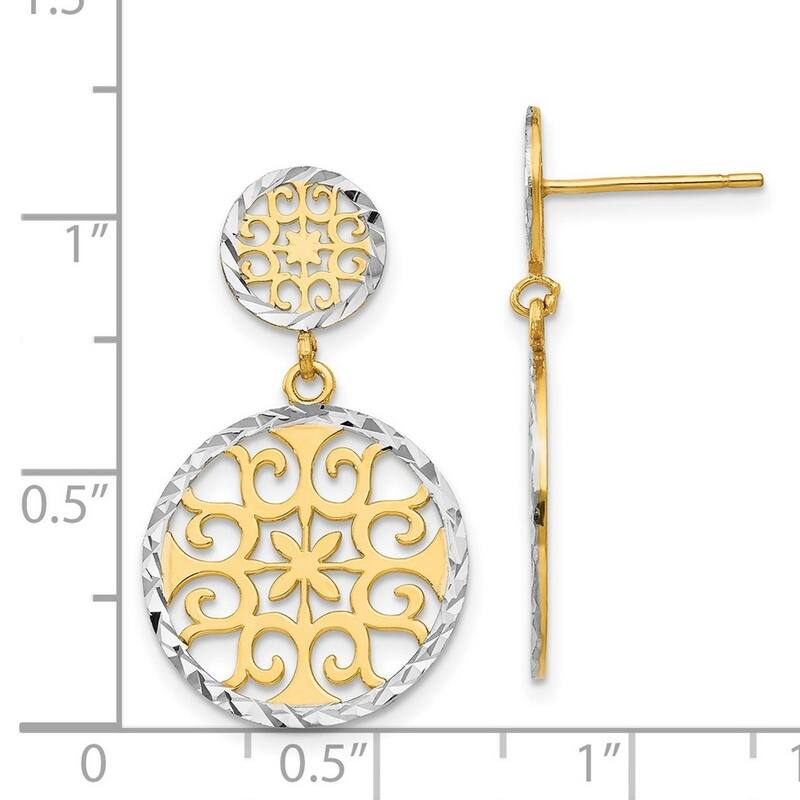 Curata 14k Yellow Gold 28x17mm Rhodium Filigree Double Circles Dangle Post Earrings