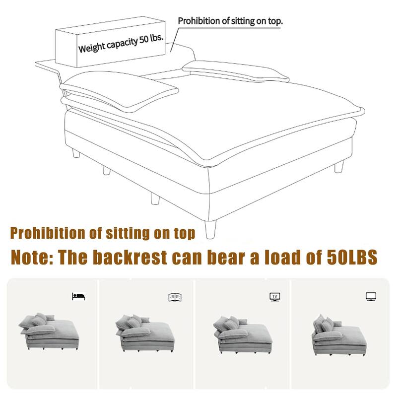 Oversized Corduroy Chaise Lounge Chair, Adjustable 4-Gear Reclining Sleeper Sofa Bed, Living Room Deep Seat Leisure Sofa Chair