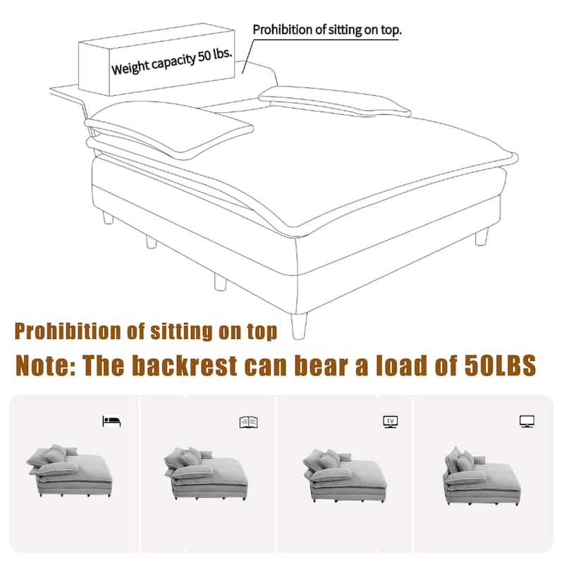 Reclining Sleeper Sofa Bed Single Chaise Lounge Corduroy Upholstered Lounge Couch Chair with Adjustable Backrest and Pillows