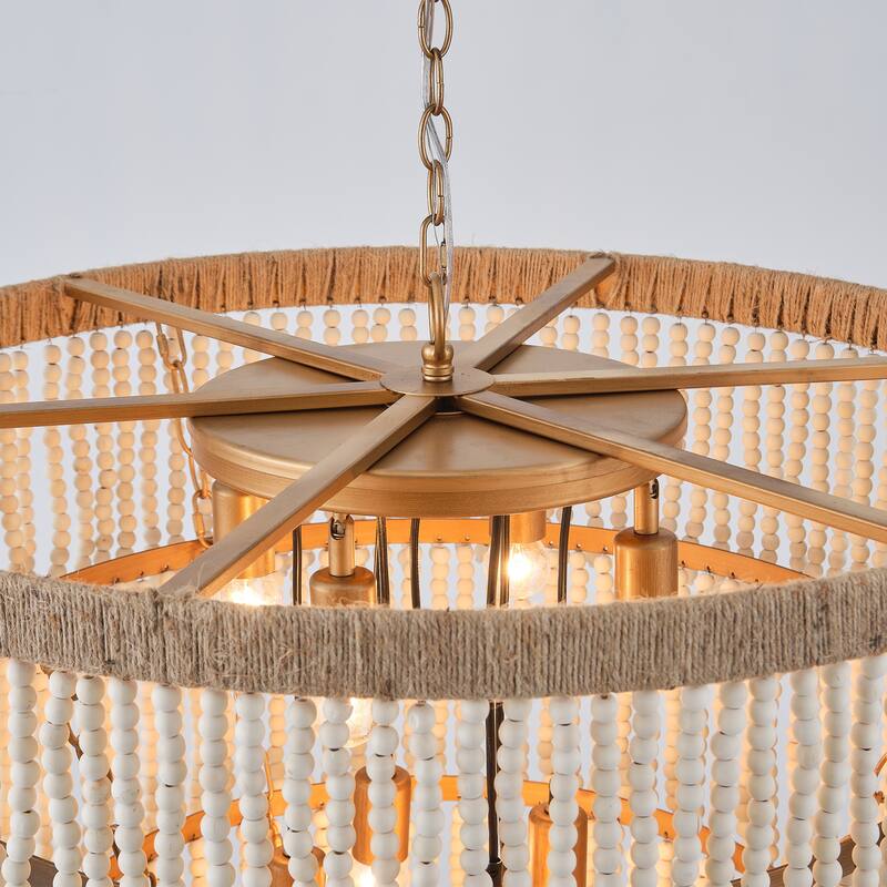 Bohemian Tiered Wood Beads Shade 9-Light Coastal Chandelier Light