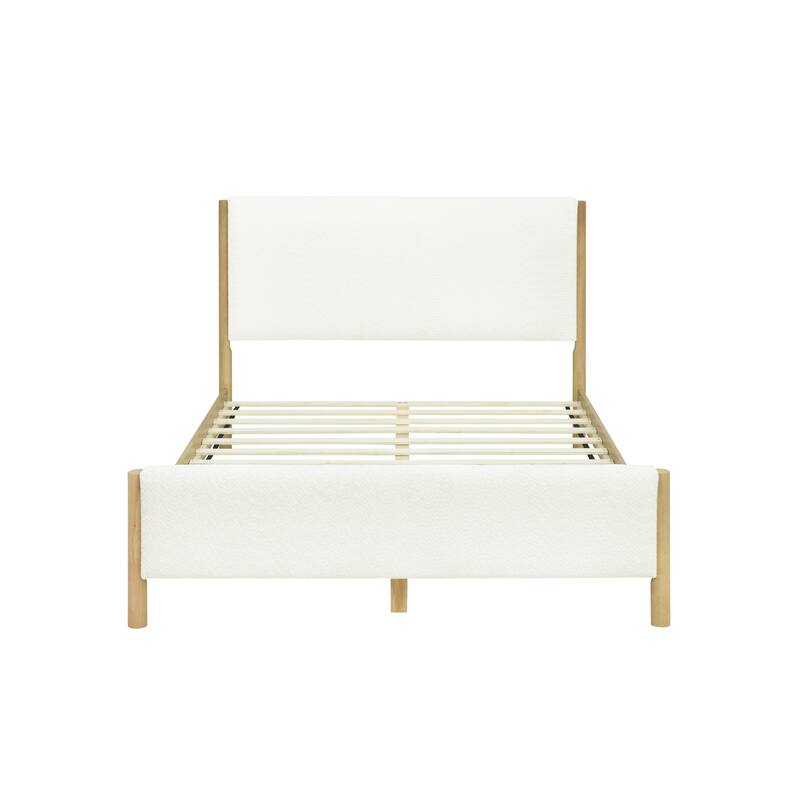 Roomfitters White Boucle Upholstered Bed with Rubberwood Legs, Modern Platform
