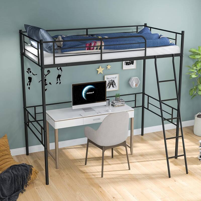 FullSize Metal Loft Bed with Desk and Ladder, Heavy Duty Metal Loft
