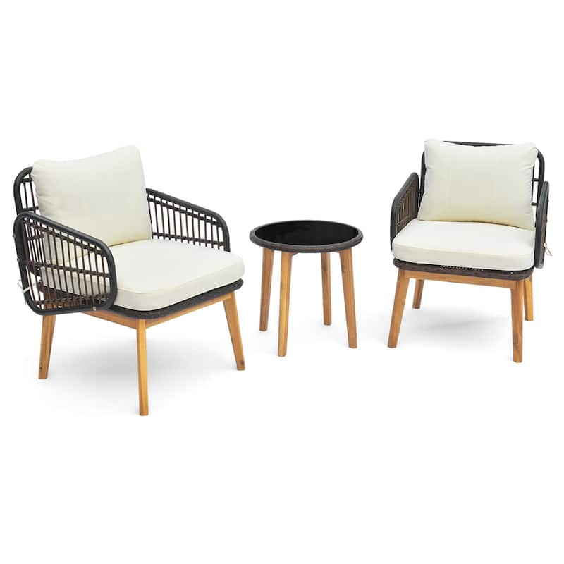 3PCS Patio Furniture Set w/ Cushioned Chairs Tempered Glass Side Table - Mix Brown+Beige