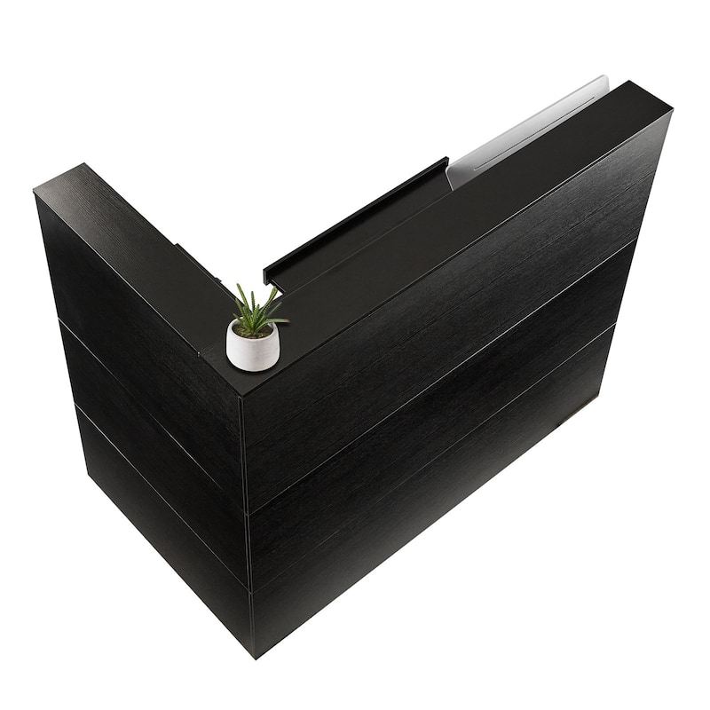 Black MDF L-Shaped Reception Desk with Storage Drawer, Cabinet and Keyboard Tray