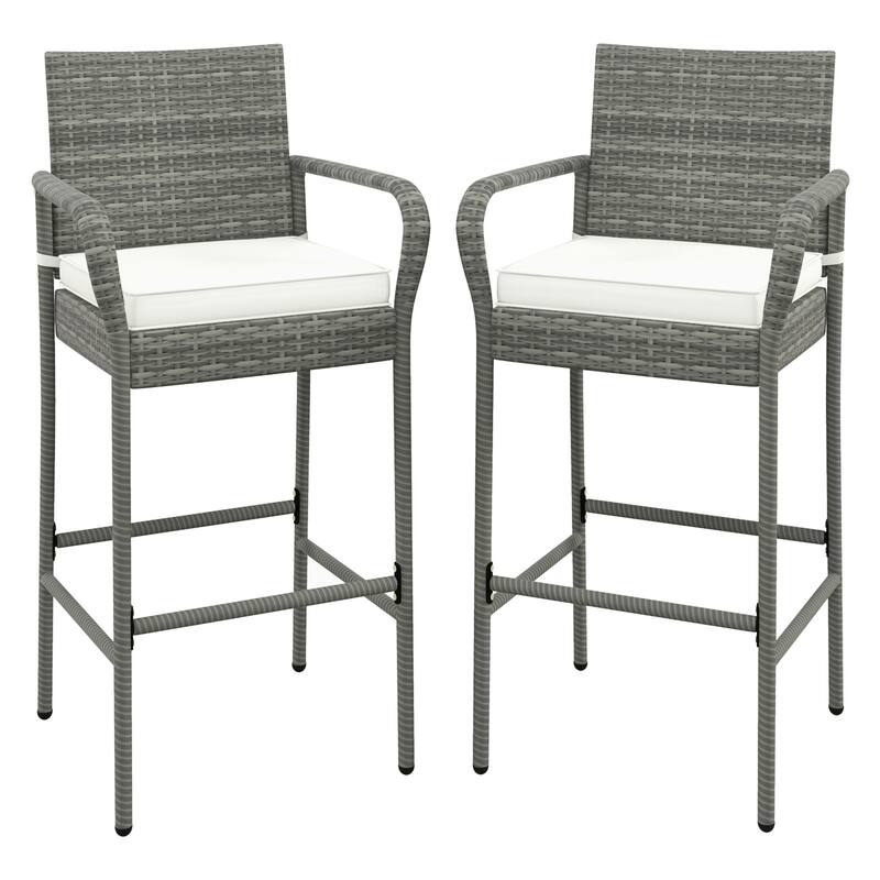 Gymax Set of 2 Rattan Patio Bar Stools Outdoor Bar Height Chairs w/ - Bar Height - Off-White - Set of 2