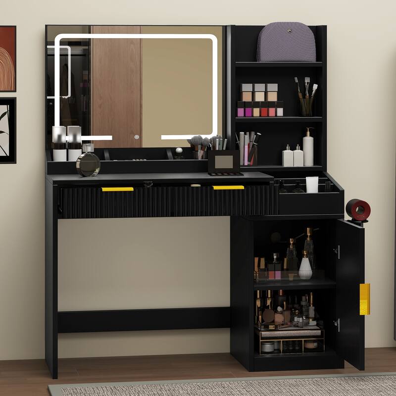 Moasis Makeup Vanity Desk with Power Outlet and 2 Drawers&3 Color Lighting Modes