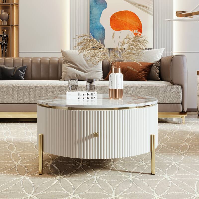 Modern Round Coffee Table with 2 Large Drawers and Golden Legs - Off White
