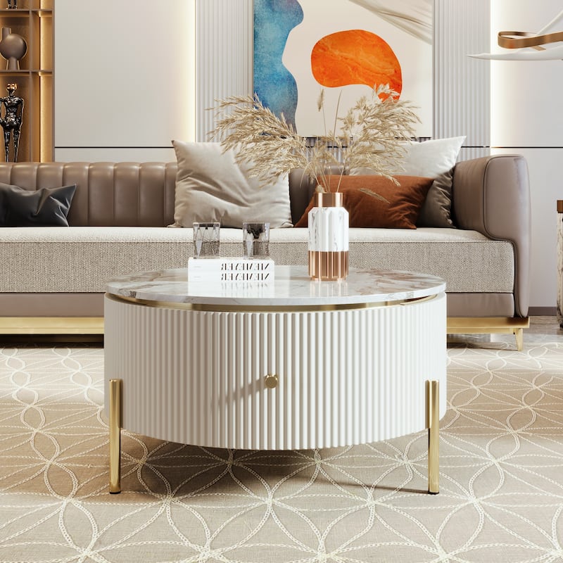 Roomfitters Modern Round Marble Coffee Table with Storage, Gold Metal Legs, 2 Hidden Compartments 31.5"